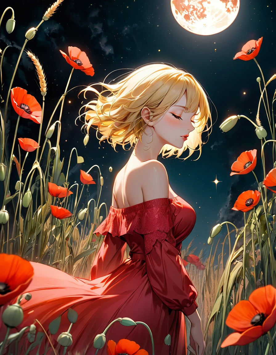 A digital illustration depicts a young woman standing in profile among a sea of vibrant black stars likely poppies, in a mystical field at night. The woman has short Green neon fire sexy Sensual big tits blonde  hair that flows dramatically behind her, caught in a gentle breeze, creating a sense of movement and adding depth to the scene. She wears an off-the-shoulder, red dress adorned with intricate corvos patterns featuring pink Neon and pink stars, as well as small geometric designs. Her face is turned slightly upward, eyes closed, and lips slightly parted, exuding a serene and contemplative expression. The background features a massive, luminous full moon red dominating the upper center of the image, casting a warm, golden-black glow across the scene. The moon's surface is highly detailed with visible craters and textures, creating a surreal and enchanting atmosphere. The sky surrounding the moon transitions from deep midnight pink to a reddish-pink  hue near the horizon, dotted with scattered stars. The foreground is filled with numerous bright red flowers with black centers and delicate, paper-thin petals, their slender green stems and leaves visible. Some flowers appear to glow softly, enhancing the magical quality of the scene. Behind the flowers, tall, golden wheat-like stalks add depth and texture to the midground. The overall composition is centered on the woman, with the moon providing dramatic backlighting that highlights her silhouette. The color palette is dominated by deep reds, vibrant oranges, charcoal blacks, and warm yellows, creating a high-contrast, low-luminance scene with rich saturation. The lighting is soft and diffused, emphasizing the ethereal quality of the moment and contributing to the surreal, dream-like quality of the illustration.