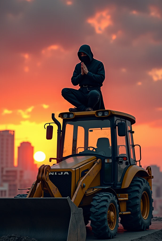 Maitre ninja idiot qui prie sur le toit d'un tractopelle devent un coucher de soleil