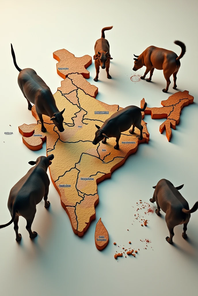 Make a image where some cows and dogs are peeing on India map