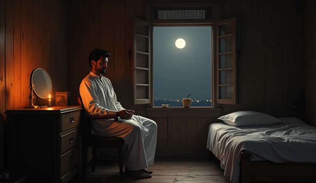 (photorealism:1.2), Man in dhoti kurta, sitting on a chair in front of a table, Mirror on the table, wearing a white kurta, white dhoti, man black hair, inside a dark rented old wooden room, only a candle light, wooden walls, first floor room, night, open window with moonlight, bed with white sheet and pillow on, sitting pose, realistic, intricate details, warm colors