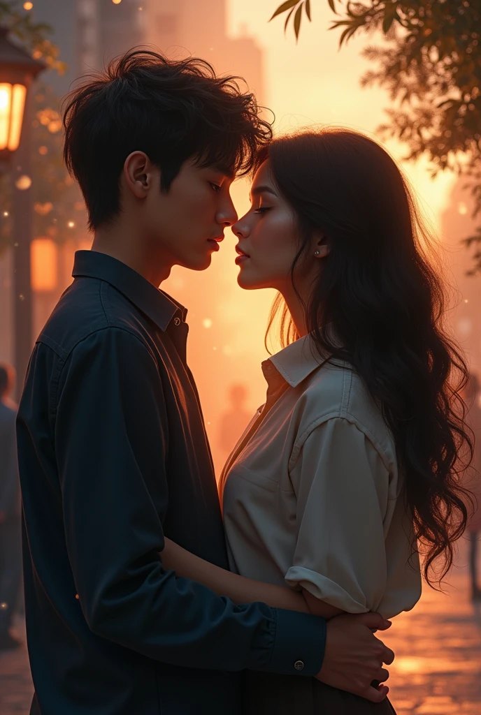 They exchange soft, intimate words that convey a deep sense of connection and understanding, their voices barely above a whisper. The background is filled with the gentle hum of a distant street musician playing a romantic melody.