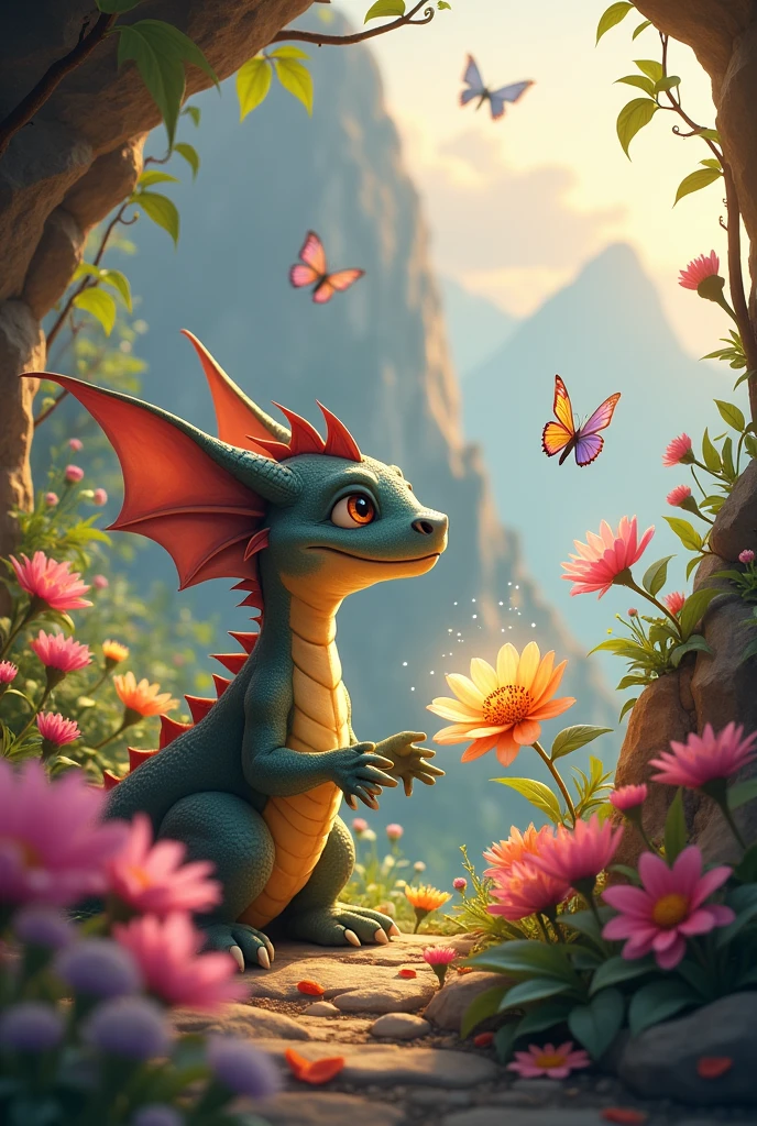 ..
The Dragon and the Magic Flower Once upon a time, In a distant kingdom, a little dragon named Drako. Unlike other dragons, Drako was neither feared nor fierce. He was a friendly dragon who loved flowers and butterflies.. He lived in a cave on top of a mountain, surrounded by a beautiful garden that he cared for with great care.