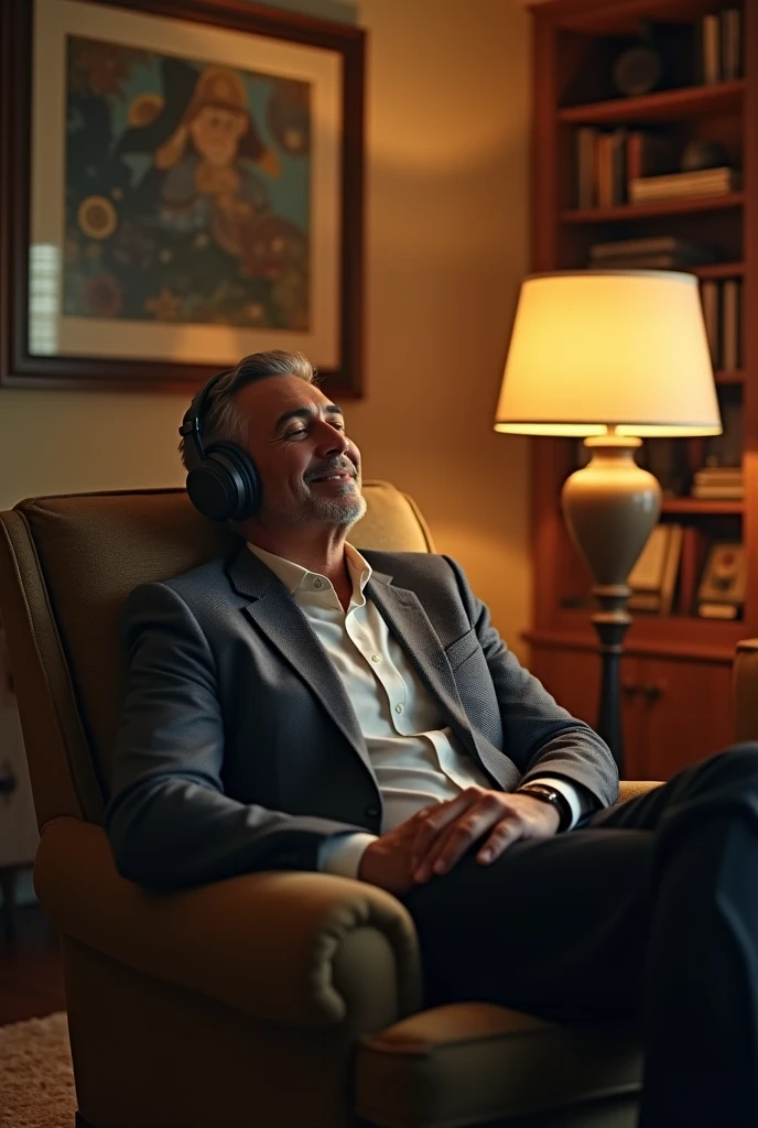 Man listening to relaxing Jazz on headphones in the living room