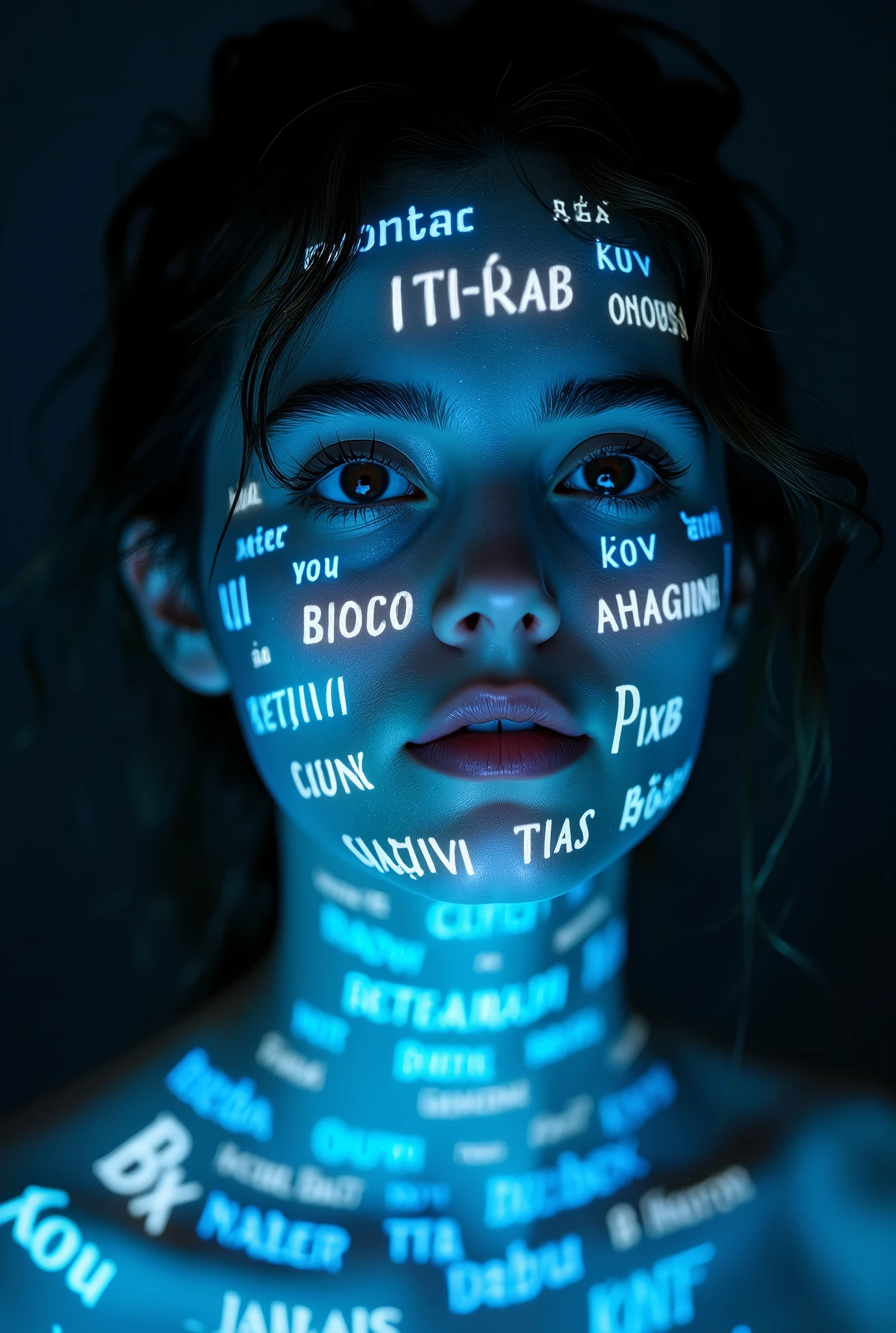 A striking and futuristic portrait of a young woman, with light projection creating a mesmerizing visual effect. The glowing text in various languages or scripts is scattered across her face and upper body, illuminating her with bright blue and white hues against a dark background. Her calm, introspective expression and gazing eyes draw the viewer in, while her slightly parted lips convey contemplation or communication. The soft shadows and three-dimensional quality of her face emphasize the image's depth and mystery. Her damp, tousled hair merges into the background, highlighting the illuminated text and her penetrating gaze. The image embodies themes of knowledge, identity, and the merging of digital and physical worlds, creating a powerful and thought-provoking cinematic experience.