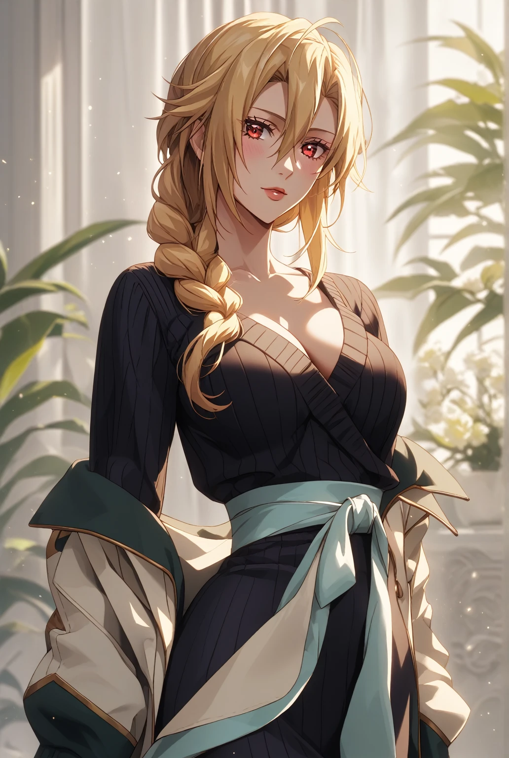 score_9, score_8_up, score_7_up, score_6_up, uncensored, angelica, blonde hair, braid, red eyes, BREAK (masterpiece:1.2), best quality, high resolution, (beautiful detailed eyes:1.3), perfect lighting, (perfect hands, perfect anatomy), large breasts, breasts, epic art, fantasy, 1girl, solo, looking_at_viewer, jacket, sweater, upper_body, sidelocks, breasts, coat, ribbed_sweater, turtleneck, looking at viewer, glow effects, godrays, Hand drawn, Vivid colors, extremely detailed CG unity 8k wallpaper, trending on CGSociety, Intricate, High Detail, dramatic, 