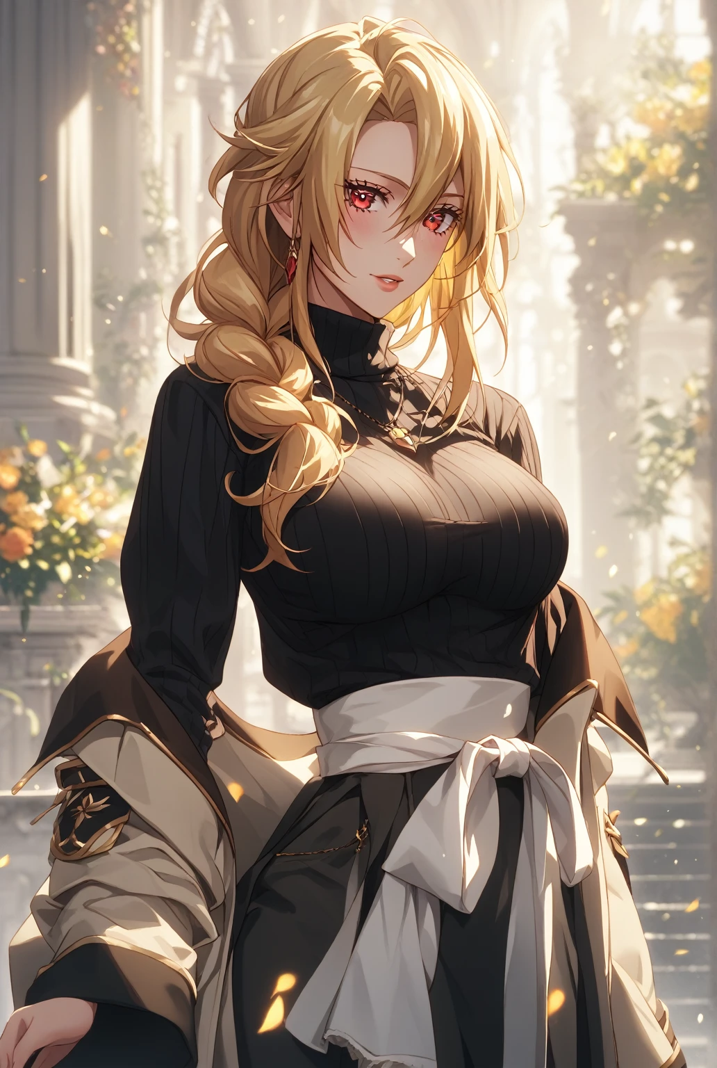 score_9, score_8_up, score_7_up, score_6_up, uncensored, angelica, blonde hair, braid, red eyes, BREAK (masterpiece:1.2), best quality, high resolution, (beautiful detailed eyes:1.3), perfect lighting, (perfect hands, perfect anatomy), large breasts, breasts, epic art, fantasy, 1girl, solo, looking_at_viewer, jacket, sweater, upper_body, sidelocks, breasts, coat, ribbed_sweater, turtleneck, looking at viewer, glow effects, godrays, Hand drawn, Vivid colors, extremely detailed CG unity 8k wallpaper, trending on CGSociety, Intricate, High Detail, dramatic,