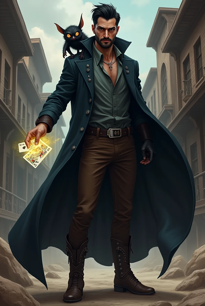 I would like a man with a slightly darker style. He has black hair styled into a pompadour, a short beard, brown eyes, and a dark cloak covering his body like batman. Underneath, he wears a dress shirt, brown pants, boots with spurs, and a dark glowing deck in his hand. He also has a shadowy creature on his shoulder that resembles a gremilim. I would like him to have a mature style and for the art to be in a fantasy RPG style set in the Old West.