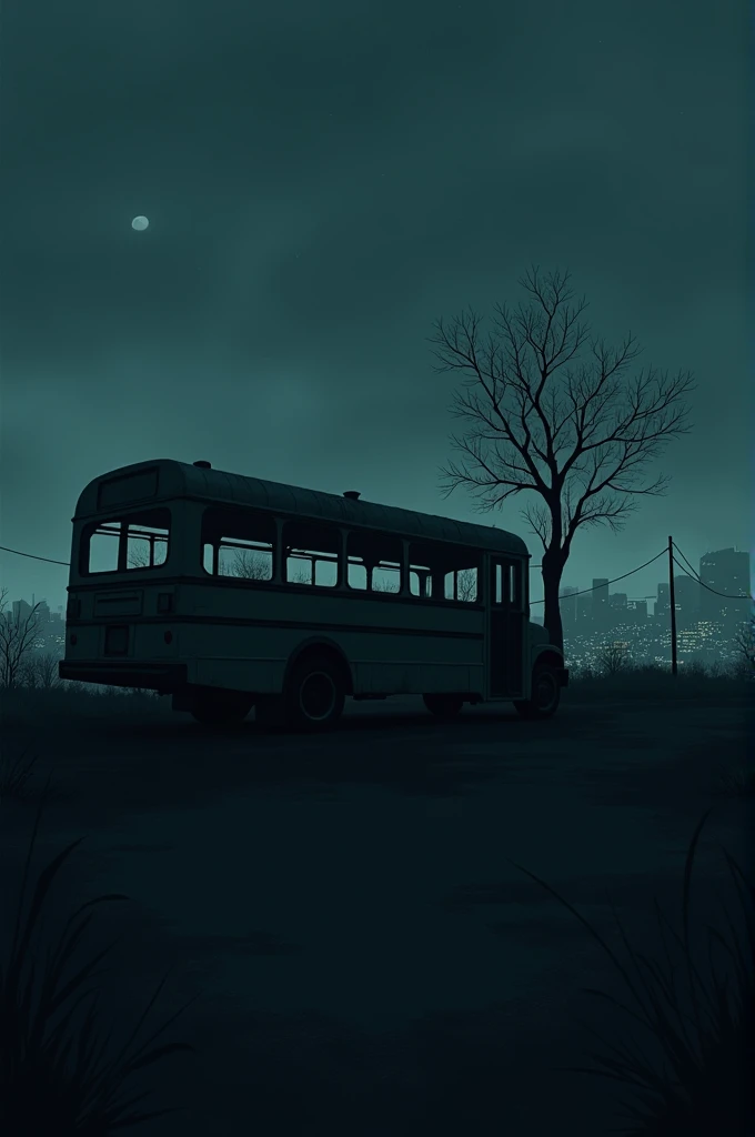 A dark, cold night with a deserted bus parked at the edge of a city.**