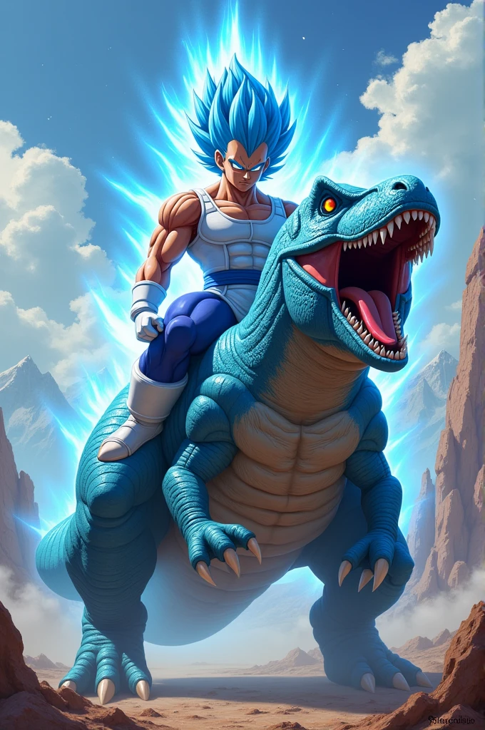 Vegeta super saiyan blue on top riding a Dino rex