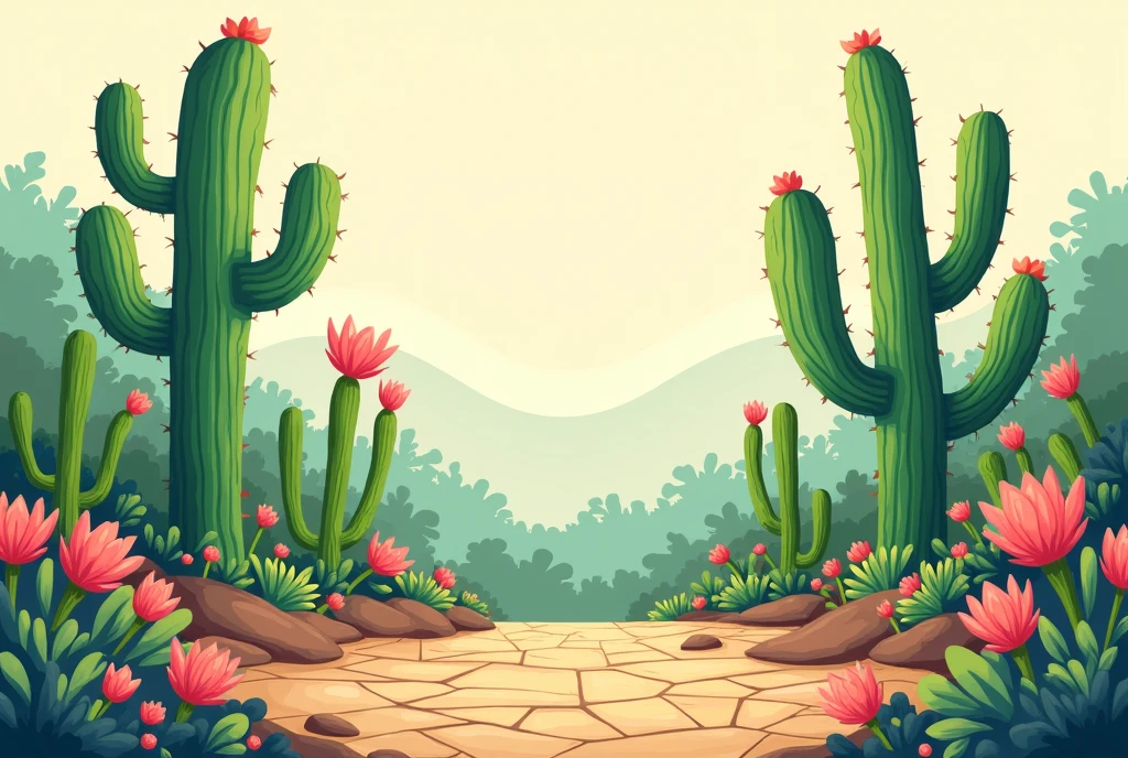 Image of the caatinga in a drawing with green cacti and pink flowers, em 2d, in Cartoon, with a cracked floor, with pastel colors,as if it were a wall painting

