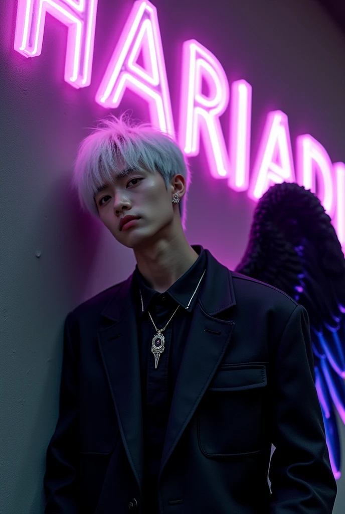 Draw me a picture of a handsome 1 Korean boy. white haired wearing black clothes,and wear a metal necklace with a short hair style. It leans against the wall with a name "HARIADI" written on it in large neon purple capital letters in a stylish font on the black wall behind it., with fantasy style and 3d black Angel wings with purple neon lights.