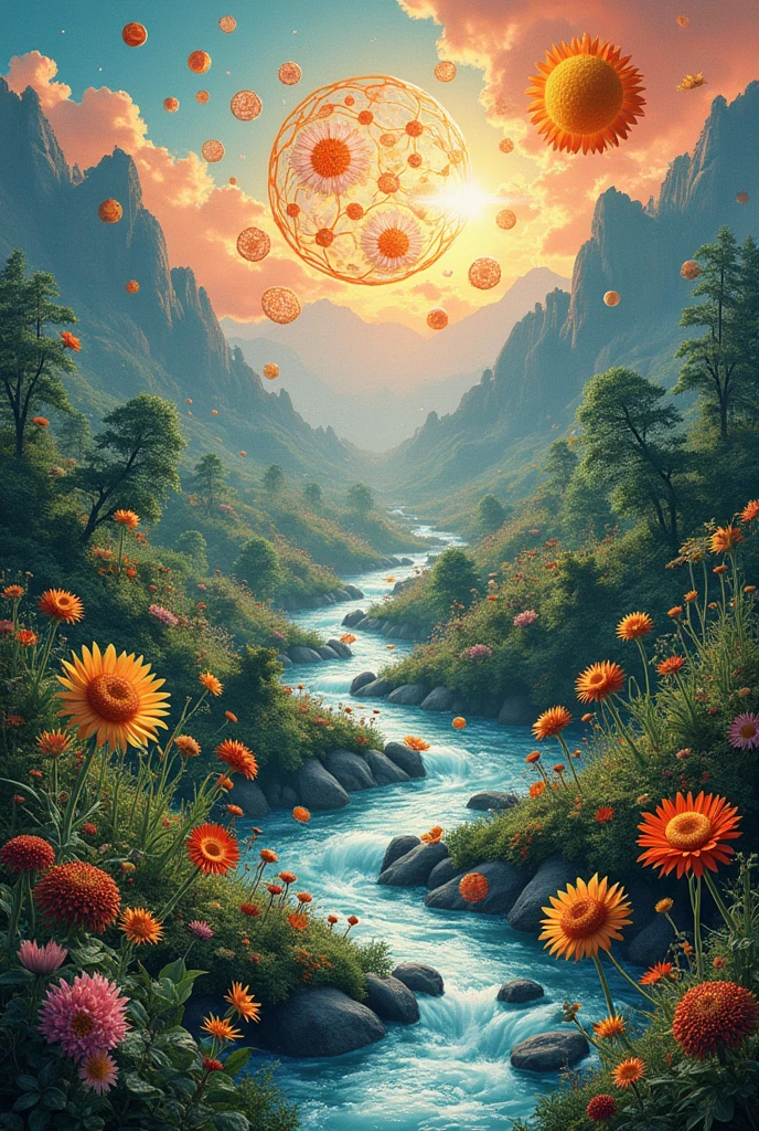 Create a photo collage about life, The environment, the energy, Living beings, la forma en que sus células capturan the energy,Cellular respiration and the reactions that allow us to obtain energy from our food