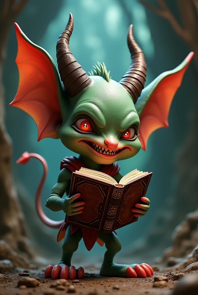 There is a cartoon of a devil holding a book., Digital art inspired by Ron English, Zbrush Central Contest Winner, Digital art, demon boy, mark ryden al estilo de, Beeple and Jeremiah Ketner, He's an evil gremlin, cheeky devil, Wojtek FUS, Rupert Murdoch as the Devil, satanism, The devil tarot card