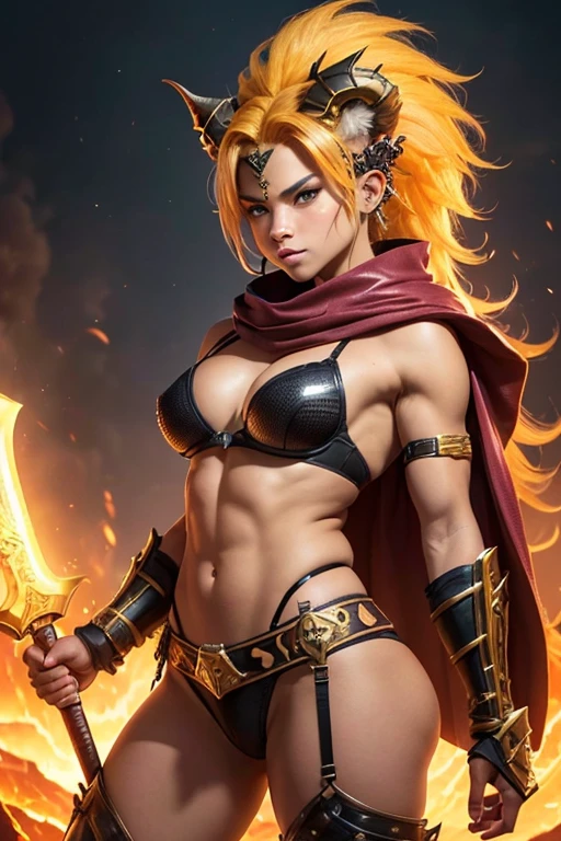 A young 15- yr old Orcish girl with lovely charming face, having golden Lion skin tone pigmenting texture, (wearing nose ring), (body builder, athletic masculine size body),(having a lots of battle scar's), ( golden Lion skin texture masterpiece ), (tomboyish cyber punk hairstyles look), (( wearing helmet with horns)), (serious, with exposed teeths showing large fangs)(perfect full body detailed anatomy), (Super accessories detailed), (fighting pose), (perfect detailed bright sparkling eyes),( short illuminating hair), ((expose big hard erect nipples))(( wearing illuminating transparent armored panty and bra, with pussy clitoris exposed ))((legs wide open showing pussy line))(( Wearing illuminating transparency lion costumes )), (( holding a treasure axe or treasure war hammer )), ( lava cliff background), (( illuminating different lights covering the sorrounding atmosphere of battle fields)) on its back wearing dark cape detailed design, has a angry face, 7 different perspective view of that same girl & face profile sheet character style
