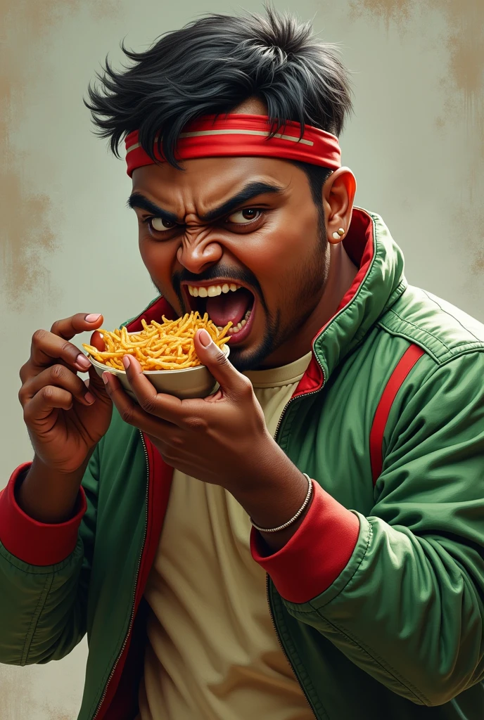 a man portrait dark skin . hindu. eat food holding food. fat boy . chubby face. 20 year old. thin body shape face. dark skin. man . Anger face. Open mouth. wear headband red whitr. . wearing an (green red stripe jacket) future shirt . anger faces,very short hairstyle .