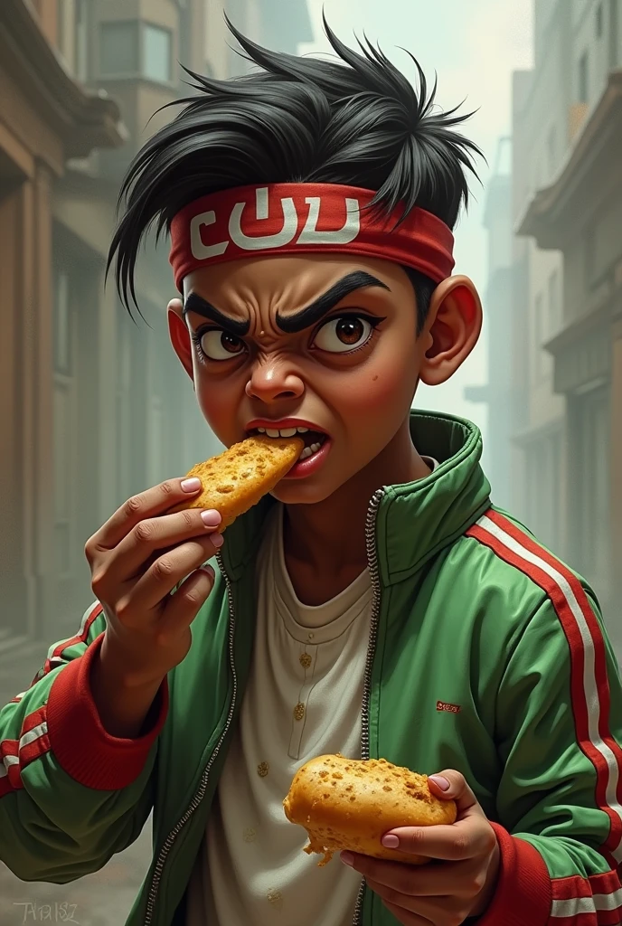 a man portrait dark skin . hindu. eat food holding food. fat boy . chubby face. 20 year old. thin body shape face. dark skin. man . Anger face. Open mouth. wear headband red whitr. . wearing an (green red stripe jacket) future shirt . anger faces,very short hairstyle .
