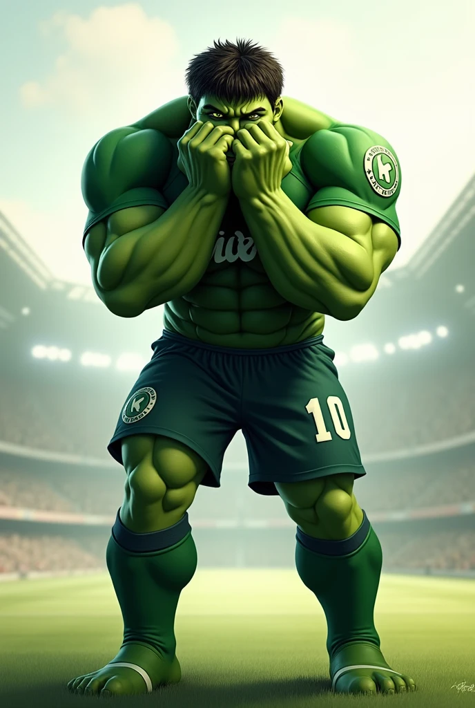 Hulk, the Marvel character dressed as a soccer player in a green uniform with his hands covering his face with sadness and concern because he lost a game