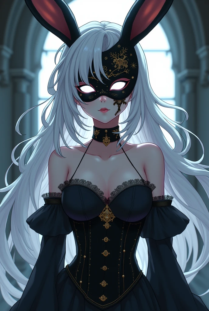 create a white haired anime girl, with wavy hair, has a lot of hair,pale skin, On his face he has a rabbit mask, black porcelain rabbit mask, On the porcelain mask there are golden drawings, His eyes are bright white,, She is wearing a black mediabal corset, with black medieval clothing, my hero academy anime style, There is a black light on his back