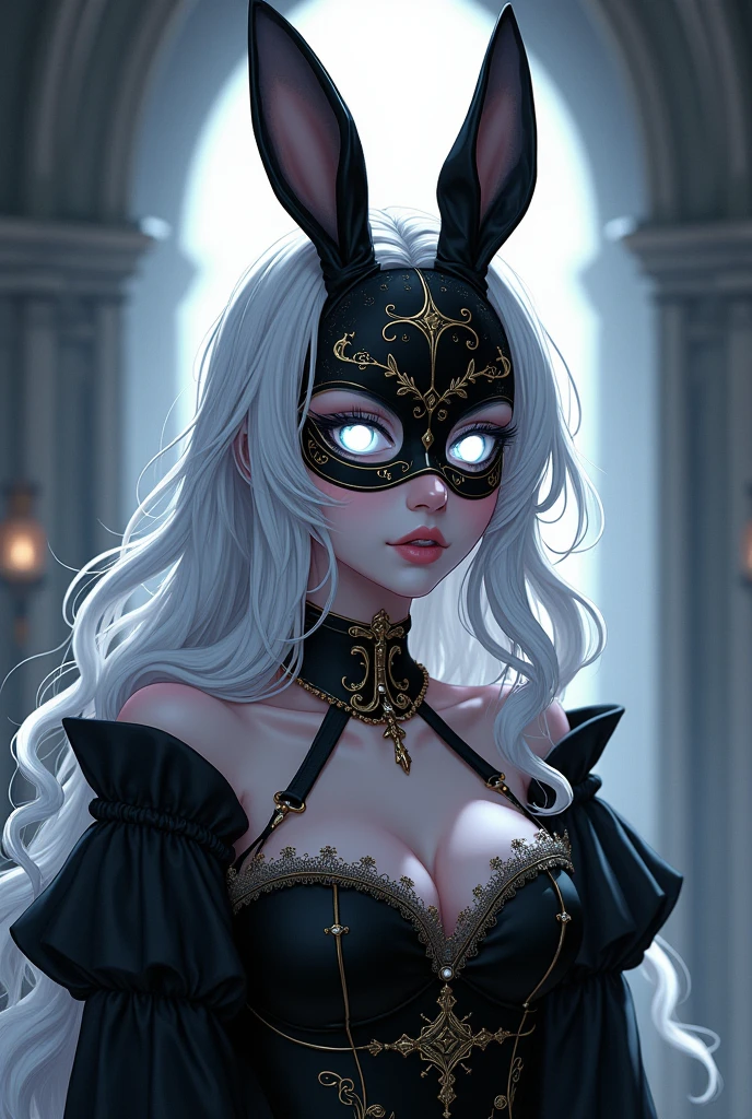 create a white haired anime girl, with wavy hair, has a lot of hair,pale skin, On his face he has a rabbit mask, black porcelain rabbit mask, On the porcelain mask there are golden drawings, His eyes are bright white,, She is wearing a black mediabal corset, with black medieval clothing, my hero academy anime style, There is a black light on his back