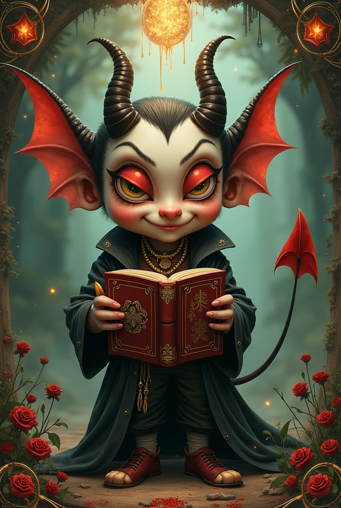 There is a cartoon of a devil holding a book, demon boy, mark ryden al estilo de, Beeple and Jeremiah Ketner, inspired by English Gin, He's an evil gremlin, cheeky devil, Wojtek FUS, Rupert Murdoch as the Devil, satanism, The devil tarot card, by Pablo Munoz Gomez, ron desantis as satan