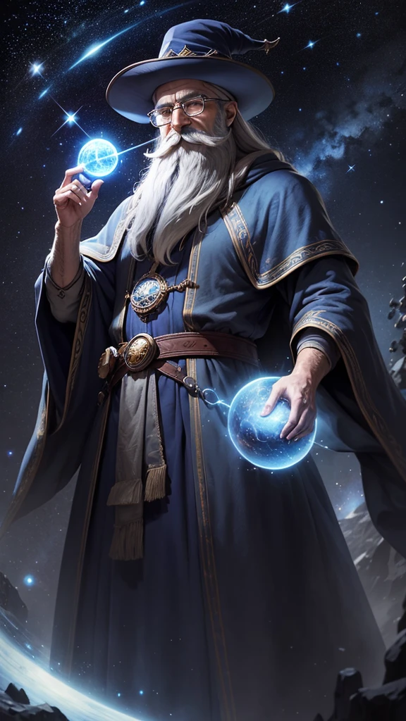 An old gray-haired astrologer wizard with a long beard, colorful mustache, round glasses and a pointed hat, in blue robes with a starry tint and magical glow surrounded by astronomical objects, similar to Khadgar from Warcraft
