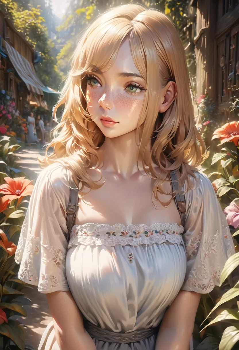 a 1 woman, blonde hair, green eyes, freckles, beauty, cute, floral dress, natural lighting, outdoors, garden, colorful flowers, detailed face, cinematic lighting, vibrant colors, ethereal, magical, whimsical, soft focus, delicate, gorgeous, (best quality,4k,8k,highres,masterpiece:1.2),ultra-detailed,(realistic,photorealistic,photo-realistic:1.37)