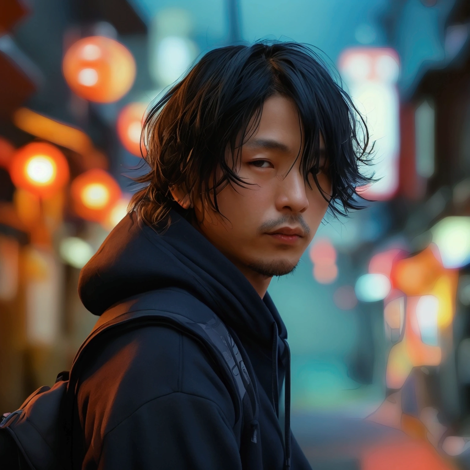 Behind Japan men、1 male、Black and long hair、40 years old、Navy blue hoodie、Late night back alley、Backlight、Buckshot