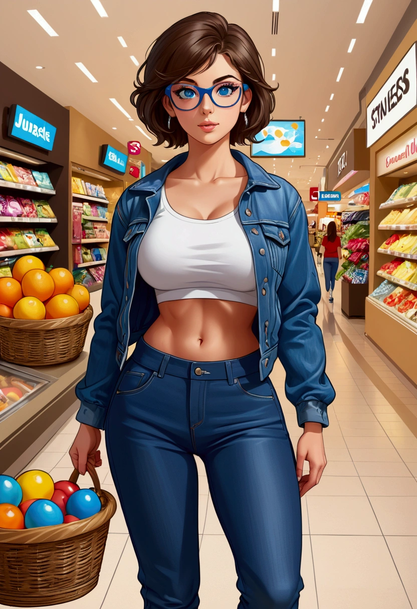 20 years old woman, Short brown hair, Mediterranean with blue eyes, Generous and heavy breasts, slender waist, estomac defini, fesses rebondies et pulpeuses, naturally curved, muscular thighs, aguicheuse, dans un magasin de vêtements , in jeans and blouse, lunettes, queue de cheval, neckleace, earrings, plunging neckline, Selfie