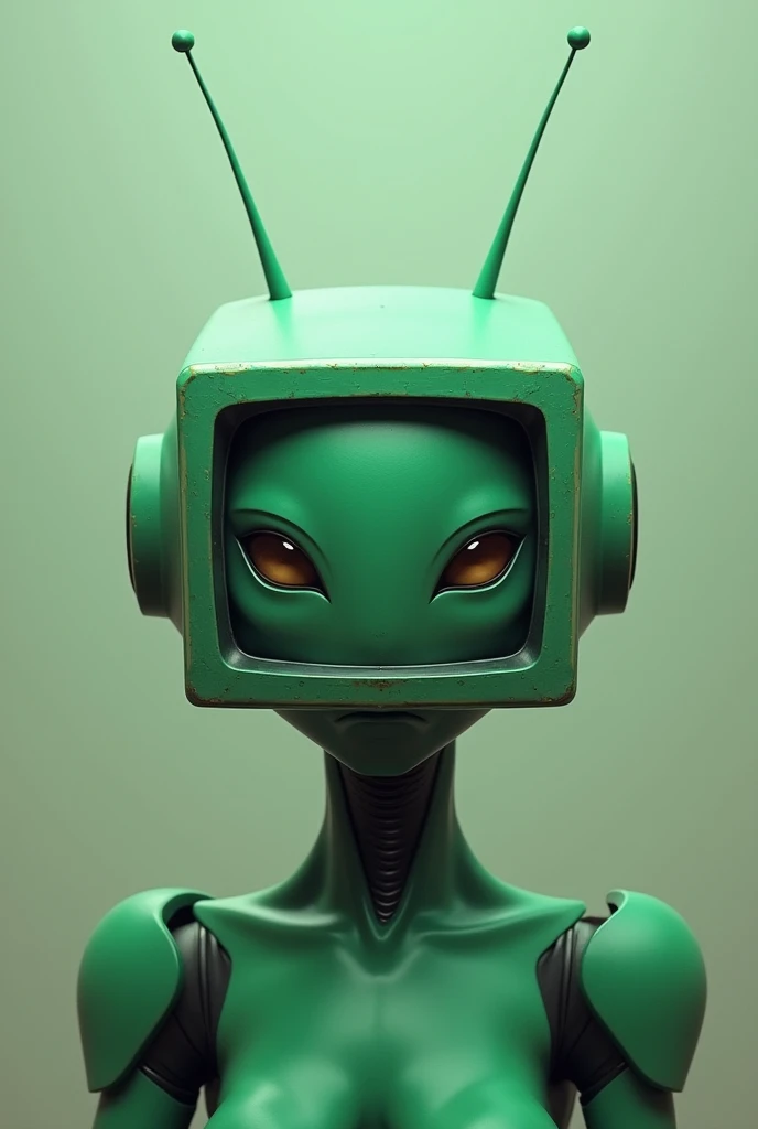 square head green face. android. antennae. tv shape head. alien . green skin