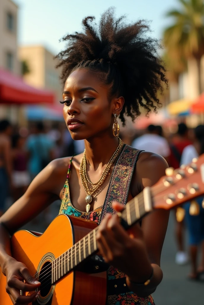A beautiful African woman playing guitar at a street festival in Los Angeles, film grain, detailed facial features, detailed eyes and lips, warm lighting, vibrant colors, intricate hairstyle, dynamic pose, detailed clothing, urban setting, candid street scene, cinematic atmosphere, natural textures, high resolution, photorealistic, masterpiece