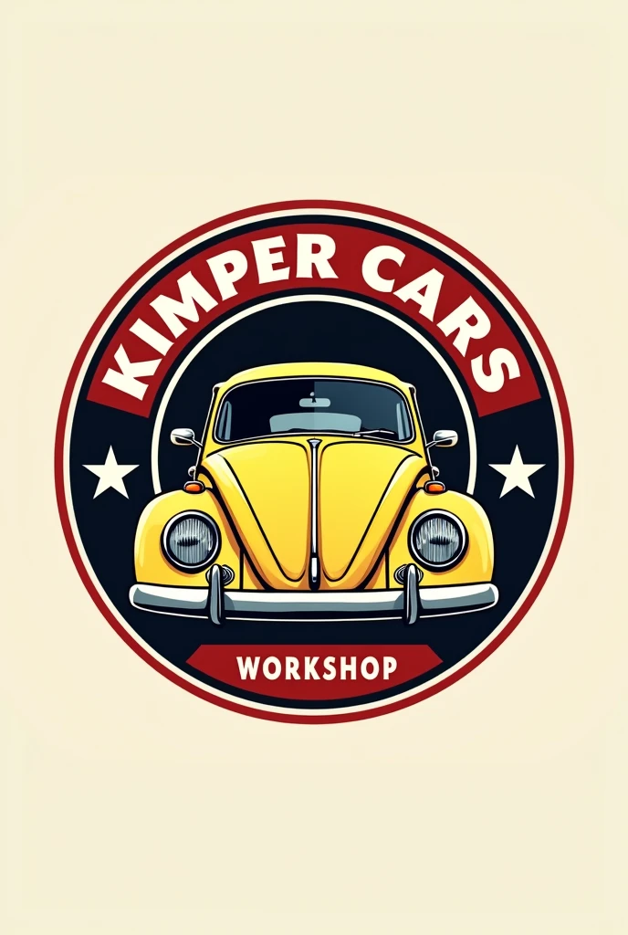 Automotive workshop logo, Kimper cars with letters that say Kimper cars with a yellow beetle car letter color. Red and black for a logo sign I want logo type