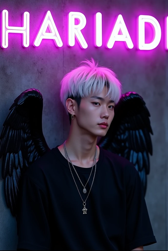Draw me a picture of a handsome 1 Korean boy. white haired wearing black clothes,and wear a metal necklace with a short hair style. It leans against the wall with a name "HARIADI" written on it in large neon purple capital letters in a stylish font on the black wall behind it., with fantasy style and 3d black Angel wings with purple neon lights.