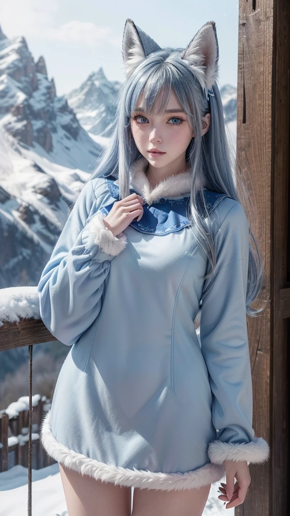 ((Masterpiece, Best Quality), blue eyes, furry blue fox ears, blue tail, white body hair, super detailed illustration, HD texture, exquisite details, 1 girl, character wearing blue long-sleeved dress, long blue hair, blush, outdoor environment, in a snowy mountain, standing