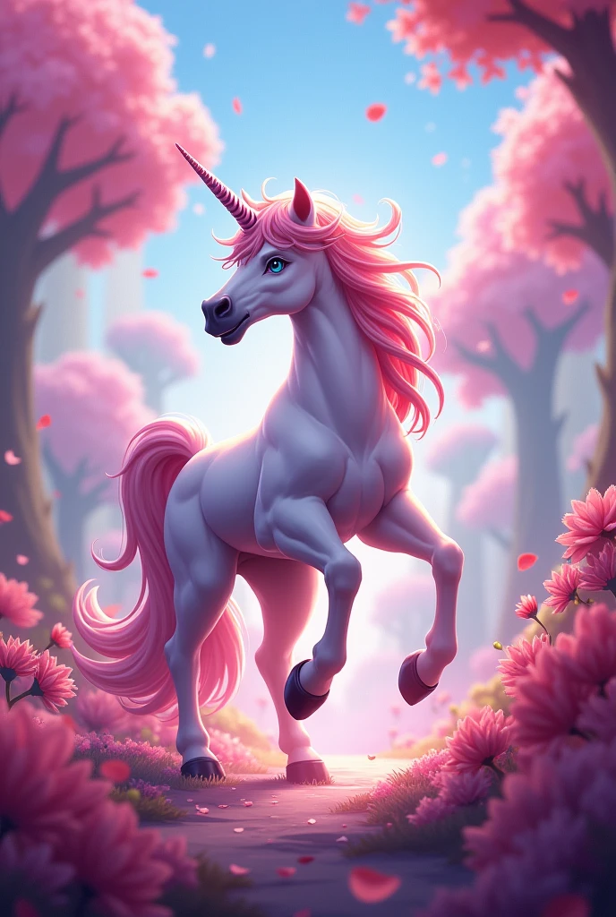 Hylos (Mobile Legends character) turned into a unicorn with a flowery and colorful landscape with many shades of pink