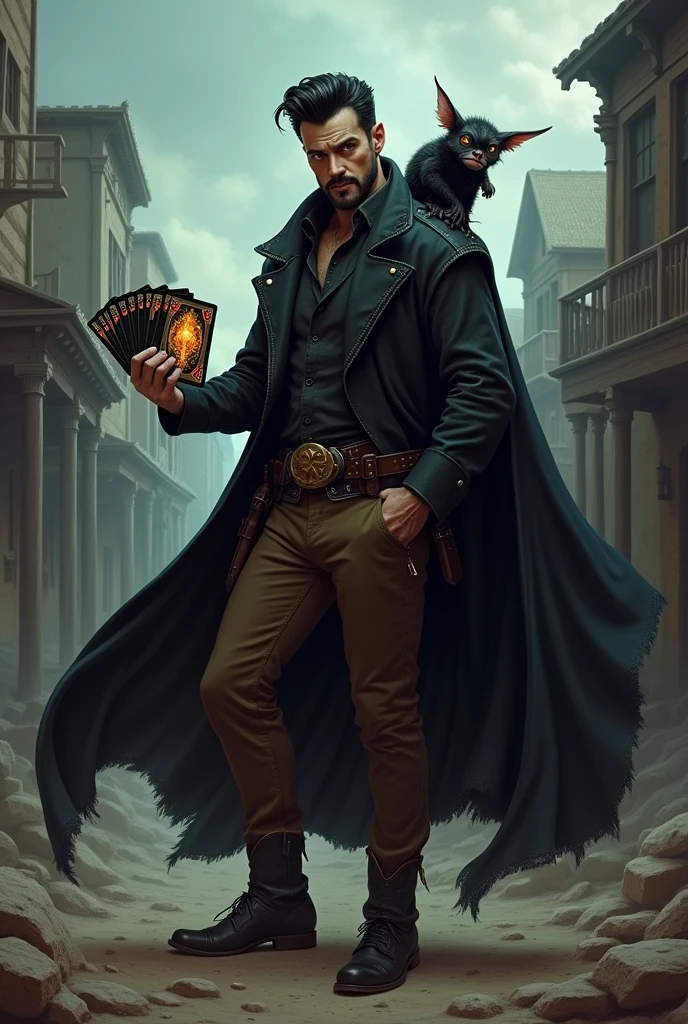 I would like a man with a slightly darker style. He has black hair styled into a pompadour, a short beard, brown eyes, and a dark cloak covering his body like batman. Underneath, he wears a dress shirt, brown pants, boots with spurs, and a dark glowing deck in his hand. He also has a shadowy creature on his shoulder that resembles a gremilim. I would like him to have a mature style and for the art to be in a fantasy RPG style set in the Old West.