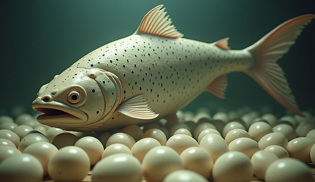 There is a shadow、Fish salmon、Fish salmonの体に黒くて細かい斑点がある、Fish salmonがニワトリの卵を100個産んでいます、There are no people