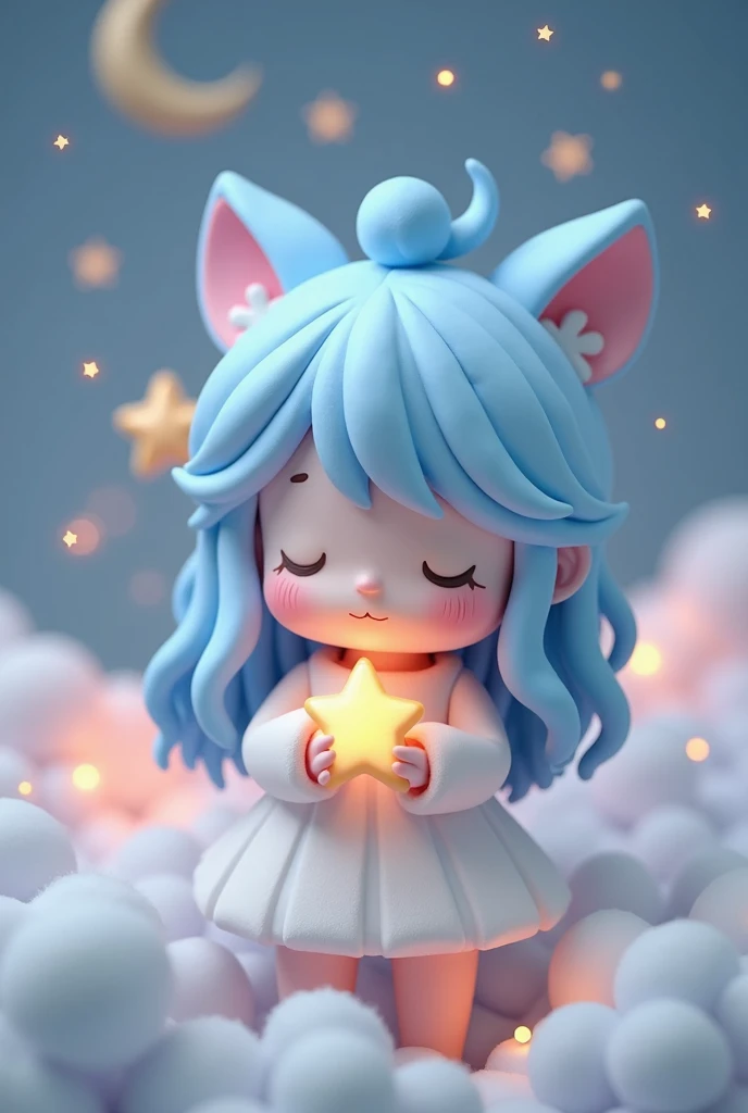 “Create a whimsical and serene art toy character inspired by the night sky. The character should have soft, pastel blue hair styled in gentle waves and wear a fluffy, cloud-like dress. The character is holding a small, glowing star close to their chest, and their eyes are closed, giving them a peaceful expression. The background should feature subtle, dreamy elements like clouds, crescent moons, and tiny stars, all in soft, muted tones to complement the character’s gentle appearance.”