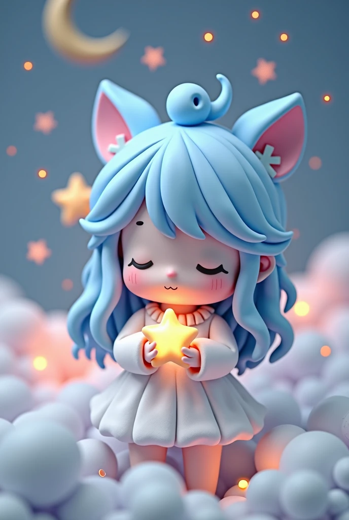 “Create a whimsical and serene art toy character inspired by the night sky. The character should have soft, pastel blue hair styled in gentle waves and wear a fluffy, cloud-like dress. The character is holding a small, glowing star close to their chest, and their eyes are closed, giving them a peaceful expression. The background should feature subtle, dreamy elements like clouds, crescent moons, and tiny stars, all in soft, muted tones to complement the character’s gentle appearance.”