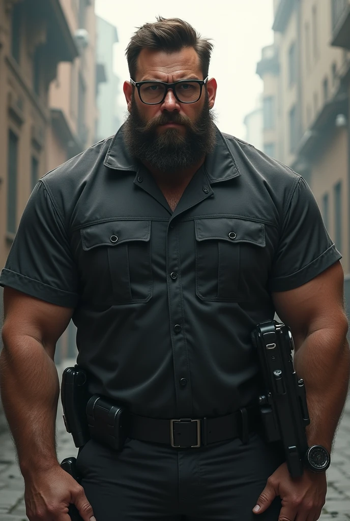 Man with glasses and beard on guard super strong young man between 30 to 3 white Caucasian