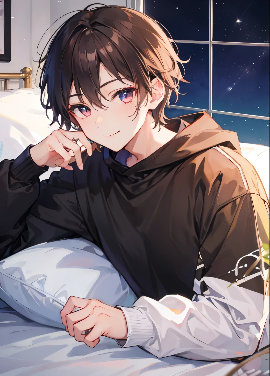 Young male 22 years: 1.9, Short brown hair: 1.2, expensive: 1.2, Profession: 1.2, Daytime: 1.2, In the room: 1.2, Cinema Lighting, Highest quality, 8k,maleの子, tired,Looking down、A little smile,Collapsed in bed,Black sweatshirt. (maleの子) ((male)) good looking, good looking, confident looking