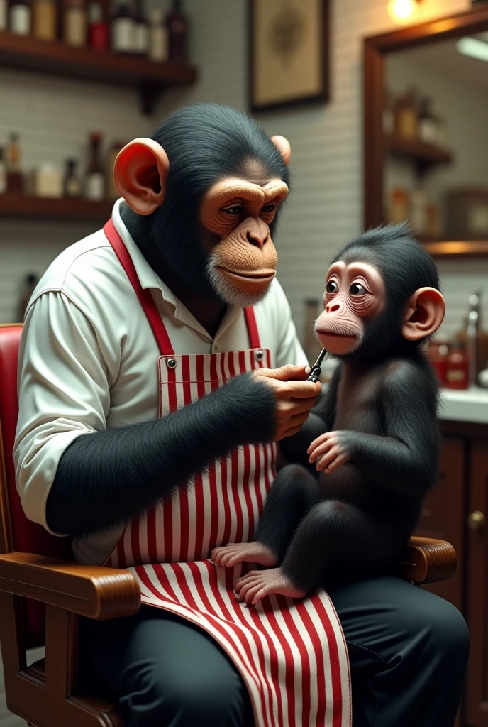 Chimpanzee in barber shop shaving a real baby monkey, high definition details, full picture like real life