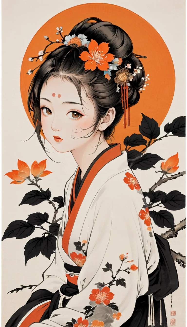 Round canvas, young japenese girl, beautiful face, charming face, masterpiece, black and orange colour tones, a little red, pure white background, do not fill all picture, wabi-sabi art, ukiyo-e art, abstract, punk collage, urban punk, flower punk, calligraphy punk, cyber punk, decorative detail pattern, sakura pattern, random splash paint, random textures, random graffiti strokes, kanji characters, surreal artwork, Impermanence