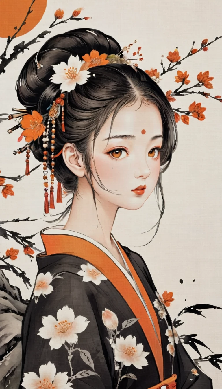 Round canvas, young japenese girl, beautiful face, charming face, masterpiece, black and orange colour tones, a little red, pure white background, do not fill all picture, wabi-sabi art, ukiyo-e art, abstract, punk collage, urban punk, flower punk, calligraphy punk, cyber punk, decorative detail pattern, sakura pattern, random splash paint, random textures, random graffiti strokes, kanji characters, surreal artwork, Impermanence