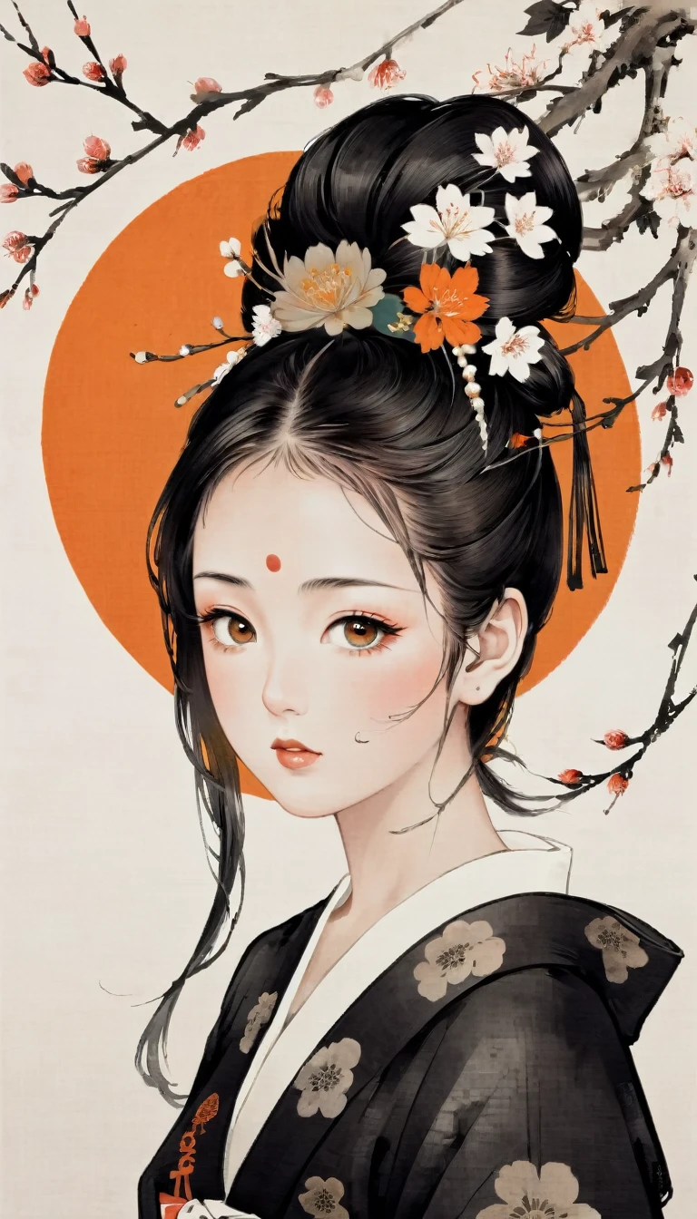 Round canvas, young japenese girl, beautiful face, charming face, masterpiece, black and orange colour tones, a little red, pure white background, do not fill all picture, wabi-sabi art, ukiyo-e art, abstract, punk collage, urban punk, flower punk, calligraphy punk, cyber punk, decorative detail pattern, sakura pattern, random splash paint, random textures, random graffiti strokes, kanji characters, surreal artwork, Impermanence