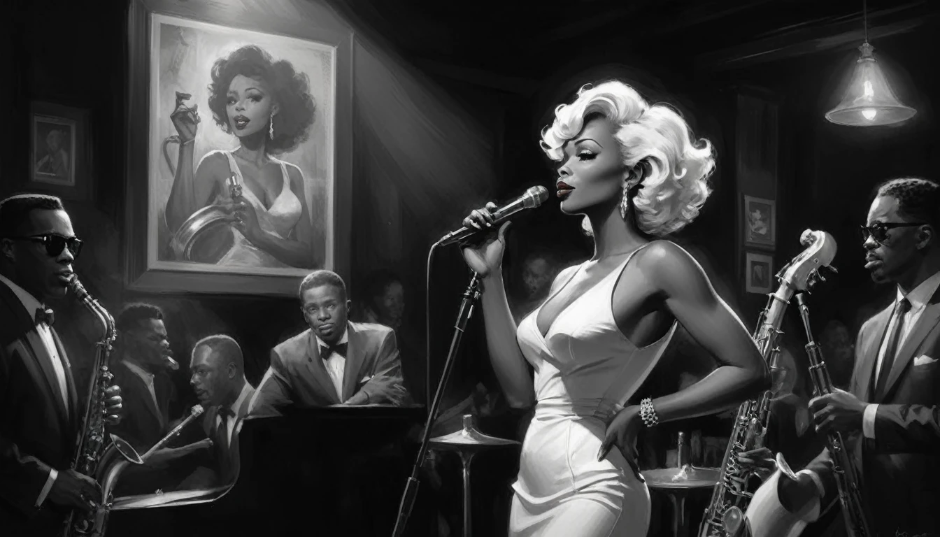 alabama bar, blue note, charismatic, baterist, guitarist, saxophonist, jazz band, bw, illustration, noir fantasy, singer lady, 