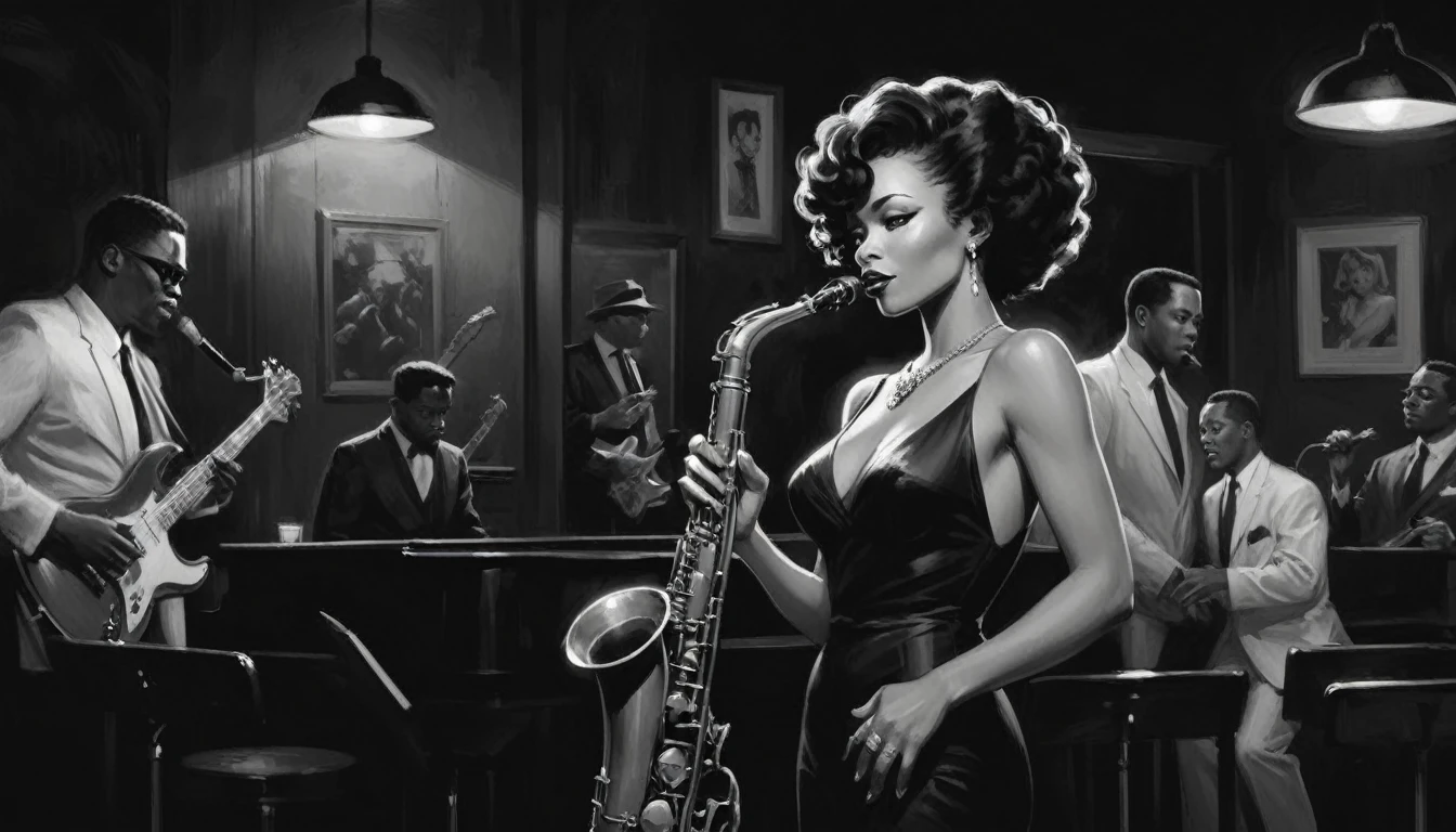 alabama bar, blue note, charismatic, baterist, guitarist, saxophonist, jazz band, bw, illustration, noir fantasy, singer lady,
