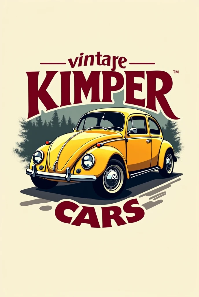 Automotive workshop logo, Kimper cars with letters that say Kimper cars with a yellow beetle car letter color. Red and black for a logo sign I want logo type