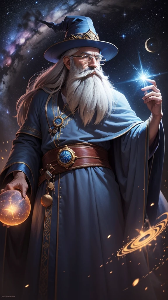An old gray-haired astrologer wizard with a long beard, colorful mustache, round glasses and a pointed hat, in blue robes with a starry tint and magical glow surrounded by astronomical objects, similar to Khadgar from Warcraft
