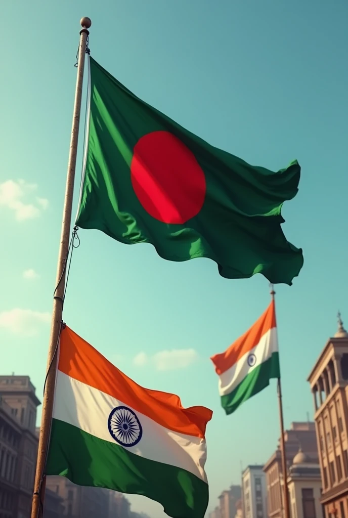 Make a image where Bangladeshi flag is flying proudly and insulting india flag