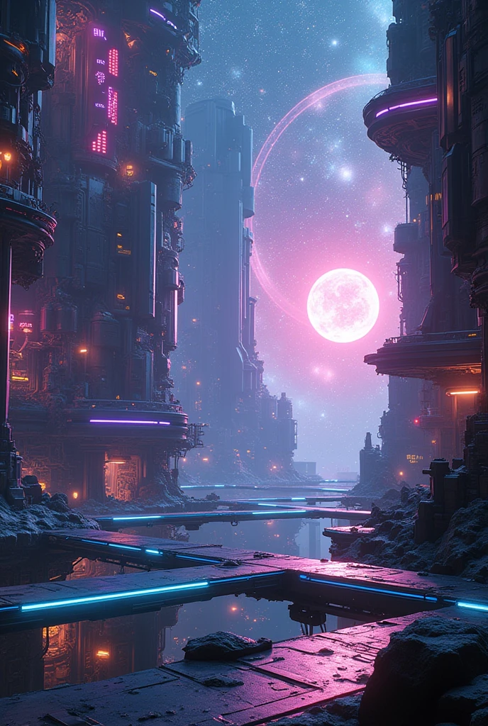 a technological maze in the universe, futuristic sci-fi landscape, ethereal energy fields, glowing neon structures, intricate machinery, floating platforms, complex circuitry, holographic displays, dynamic lighting effects, cinematic camera angle, digital art, 8k, high quality, photorealistic, intricate details, stunning visuals, vibrant colors, dramatic lighting, seamless composition